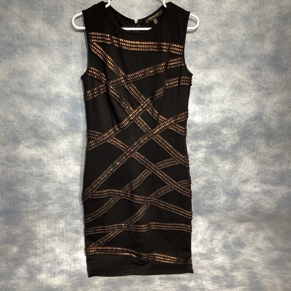 Tadashi Shoji Dress Black Bronze Foil Banded Jersey Sleeveless Sheath Medium